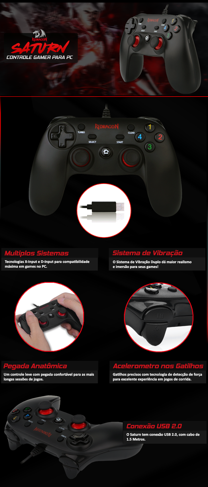 Controle Joystick Redragon Saturn G807 Preto