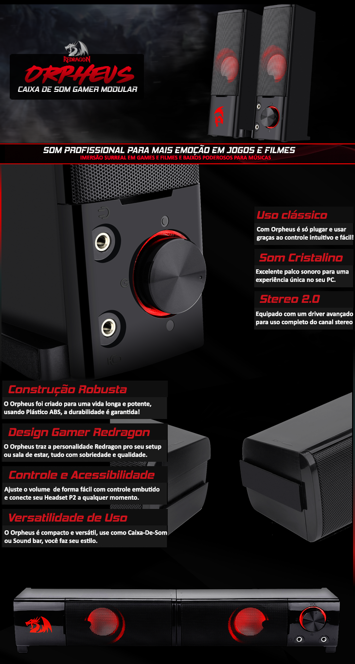 Redragon GS550 ORPHEUS PC Gaming Speakers, 2.0 canais estéreo desktop computador barra de som com tamanho compacto manob