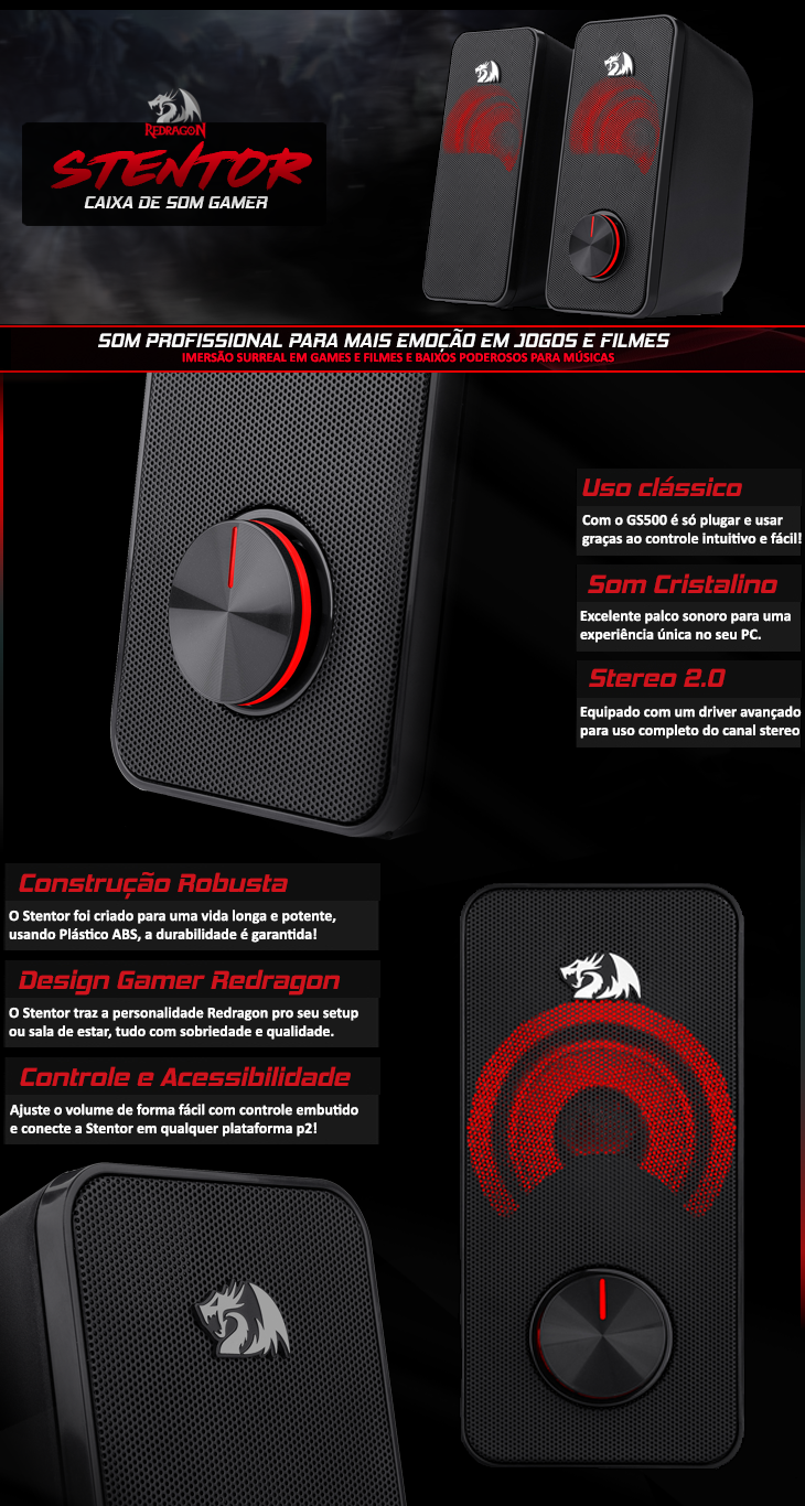 Redragon Alto-falante para Jogos GS500 Stentor - Estéreo 2.0 Canais - USB - Vermelho