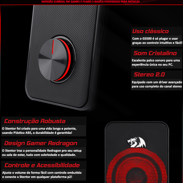 Redragon Alto-falante para Jogos GS500 Stentor - Estéreo 2.0 Canais - USB - Vermelho